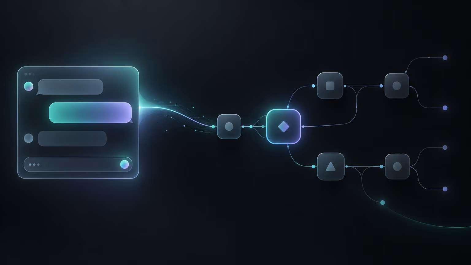 Abstract illustration: a conversation panel on the left sends a stream of light into a network of connected workflow blocks on the right, one block highlighted for review