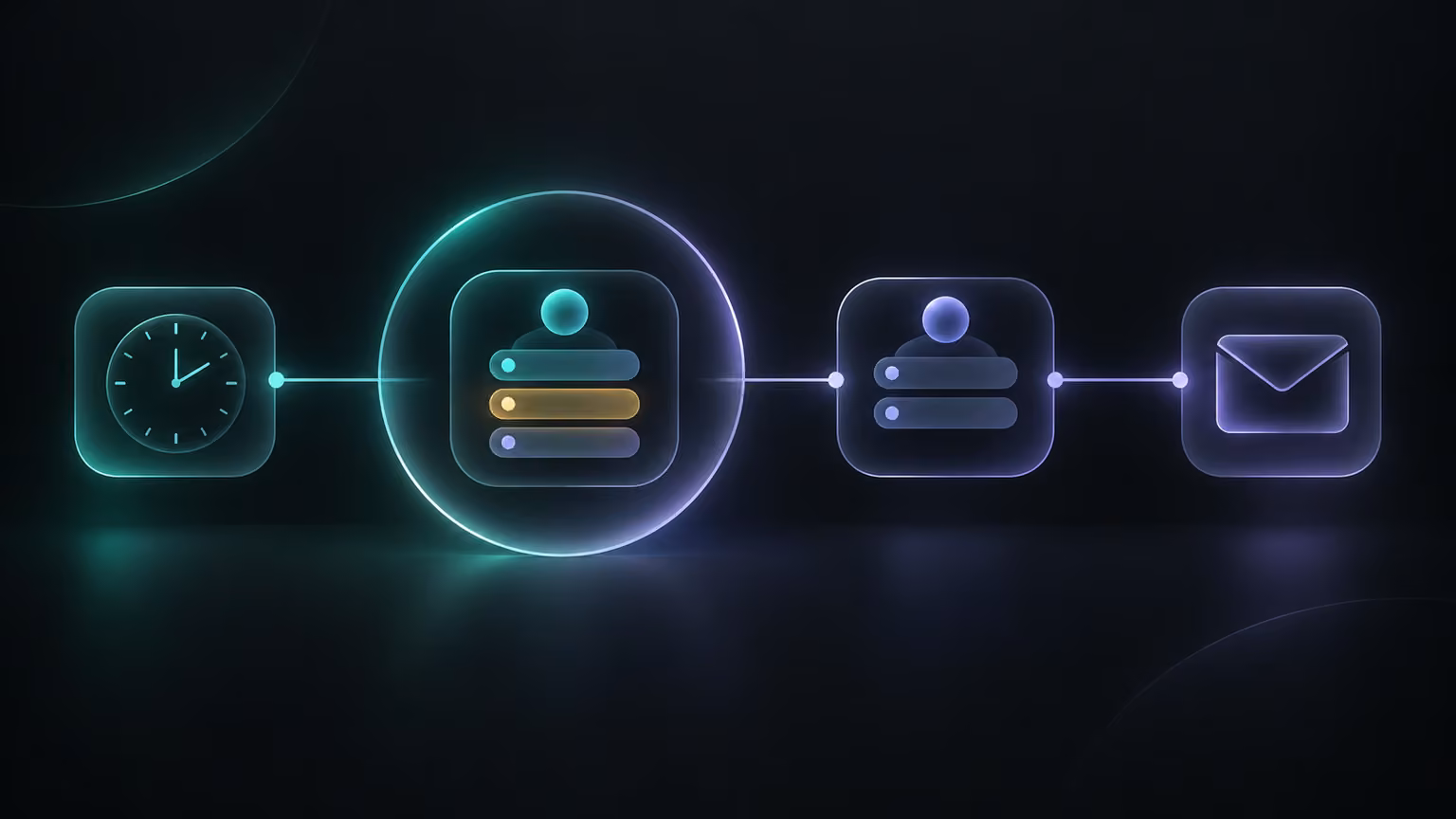 Four connected workflow blocks in a row; a glowing magnifier over one of them reveals its settings fields, one flagged for correction