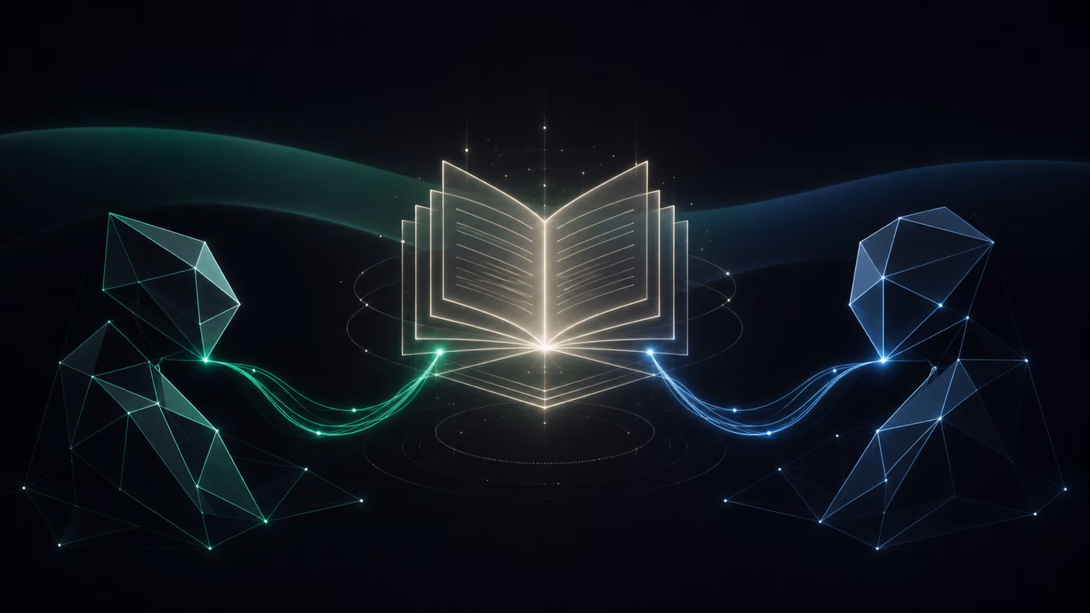 Abstrakcyjna grafika: dwie geometryczne sylwetki agentów AI czytają z jednego wspólnego, świetlistego dokumentu — wspólny kontekst dla Claude Code i Codeksa, w grafitowo-zielono-stalowej palecie.