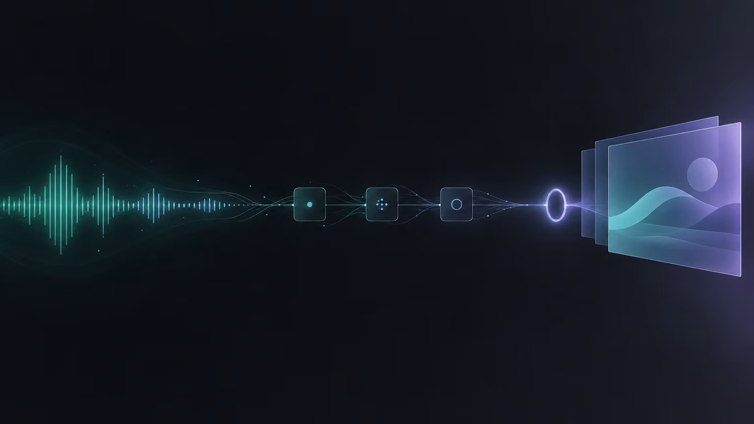 Abstract illustration: a conversation soundwave flows through nodes into a stack of slides, with a glowing checkpoint before they leave