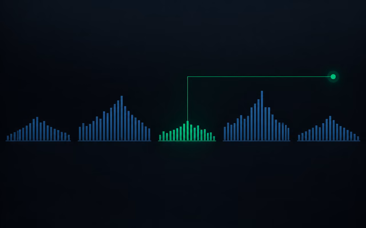 A long bar chart sliced into five blocks; only the middle block is highlighted green and fed to a node, while taller bars in the dimmed blocks go unnoticed.