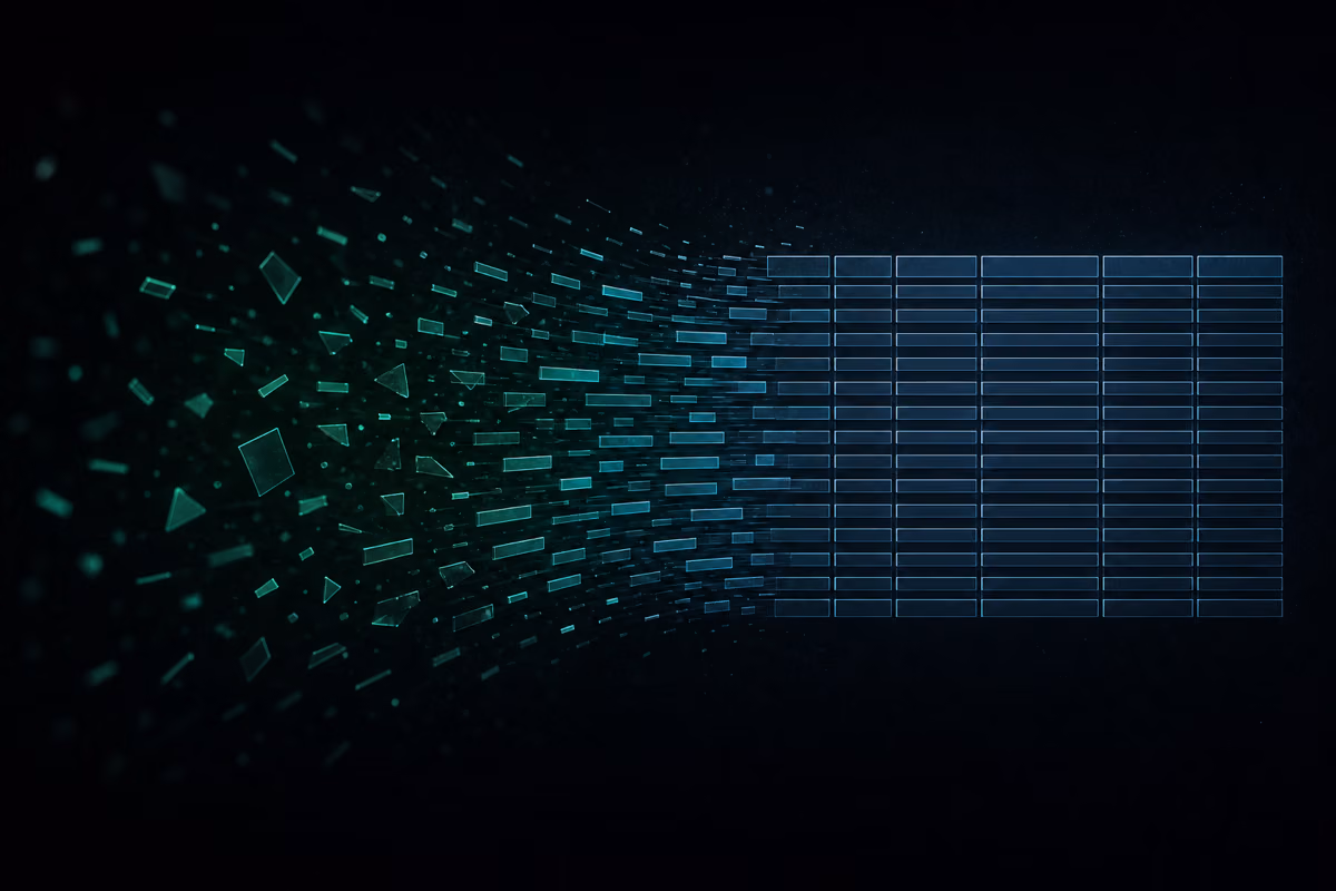Rozproszone fragmenty treści internetowej po lewej składające się w czysty, wyrównany arkusz wierszy i kolumn po prawej, w gradiencie sygnałowej zieleni i stalowego błękitu na grafitowym tle.